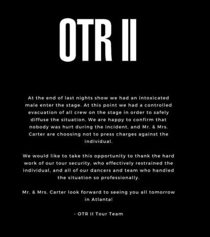 OTR statement on fan rushing the stage in Atlanta