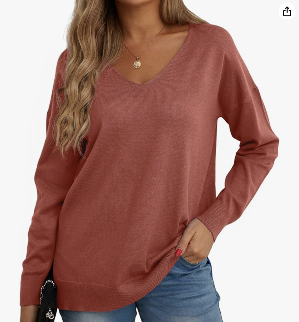 GRECERELLE Women's V-Neck Long Sleeve Side Split Loose Casual Knit Pullover