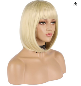 eNilecor Short Bob Hair Wigs 12" Straight with Flat Bangs Synthetic Wig+ Free Wig Cap (Light Blonde)