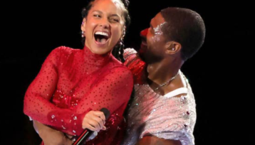 Usher Alicia Keys hug at the Super Bowl