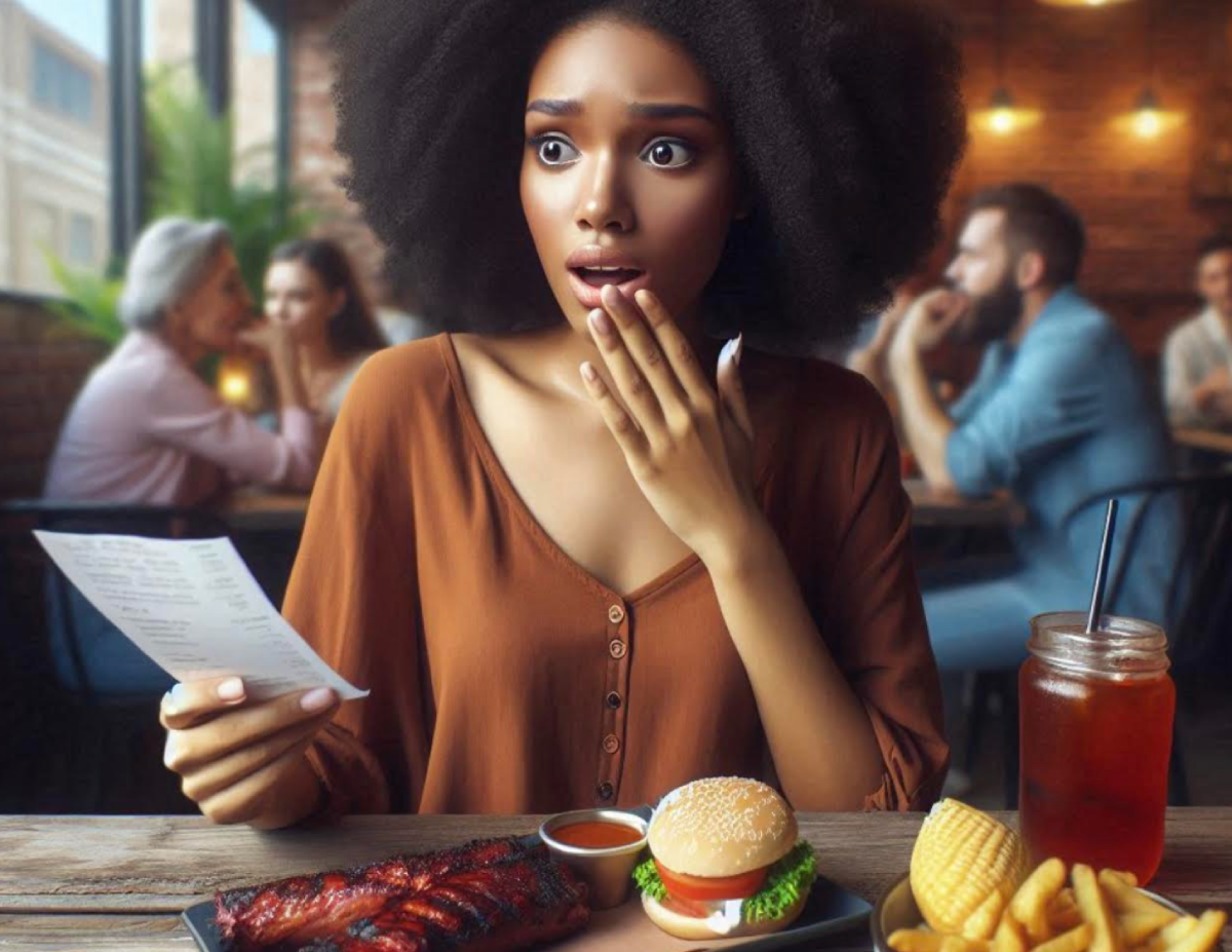 surprised woman eating at expensive restaurant