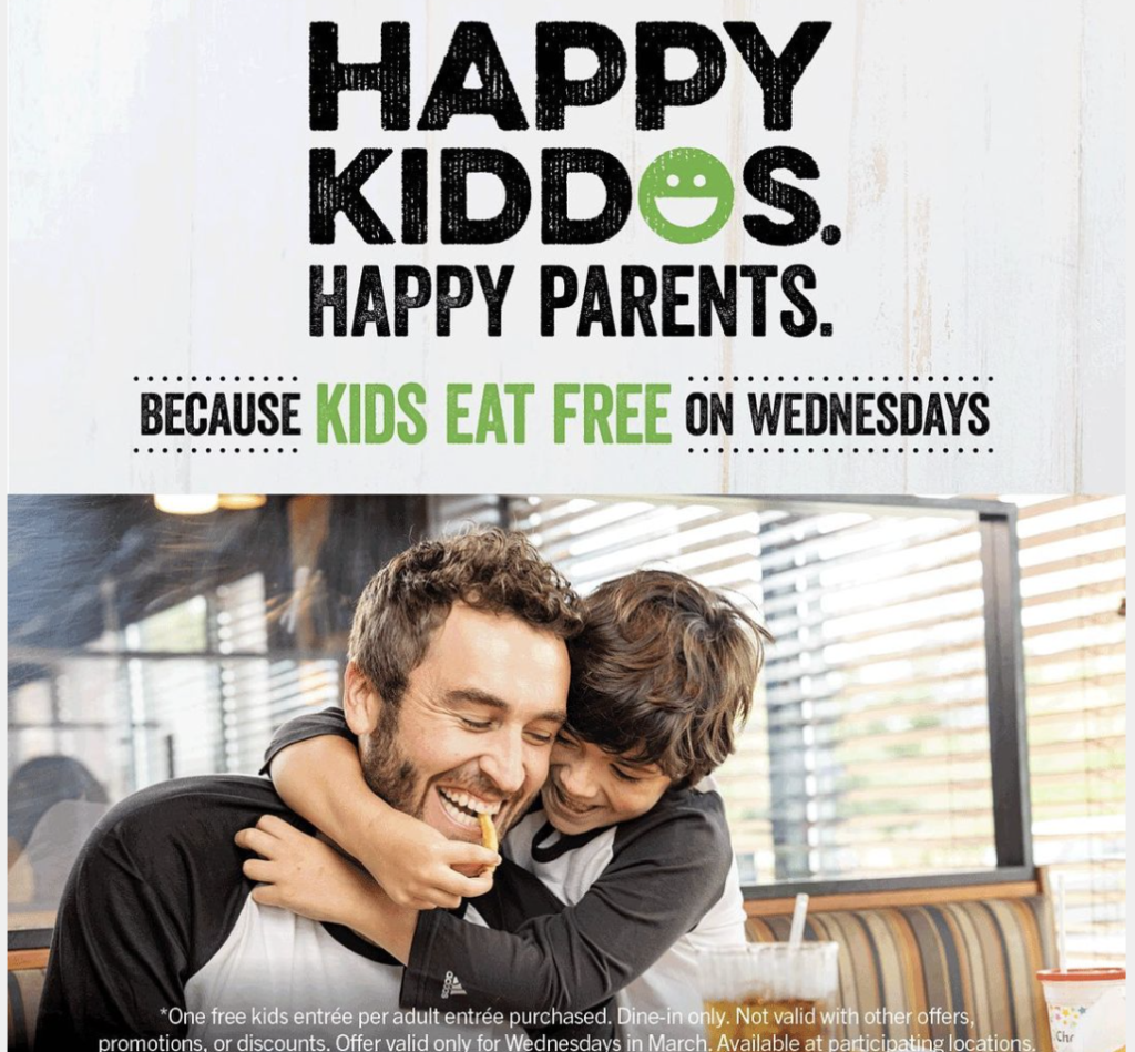 O'Charley's has a kids eat free deal on Wednesdays.