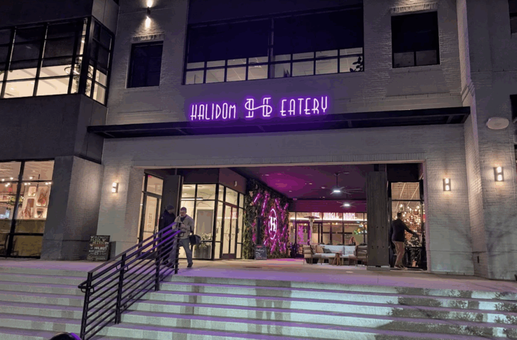 Halidom Eatery food hall at night in Atlanta