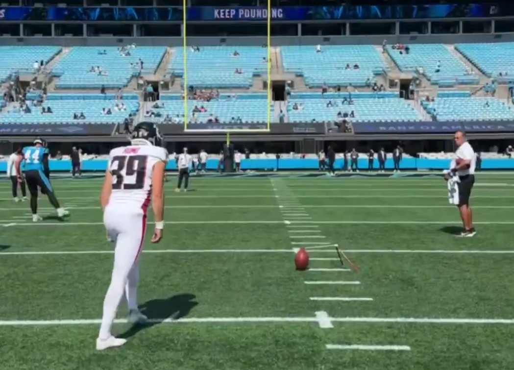 Atlanta Falcons kicker Parker Romo practicing kicks at Carolina.