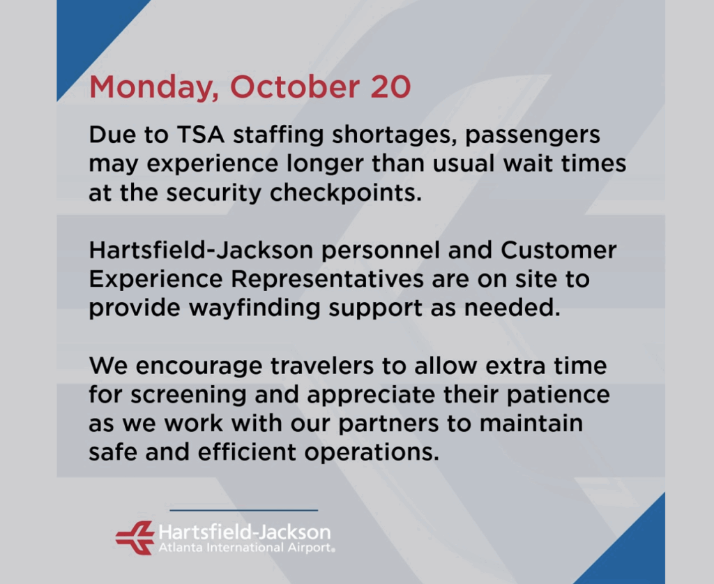 Atlanta airport message on delays.