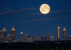 harvest moon Atlanta supermoon over skyline