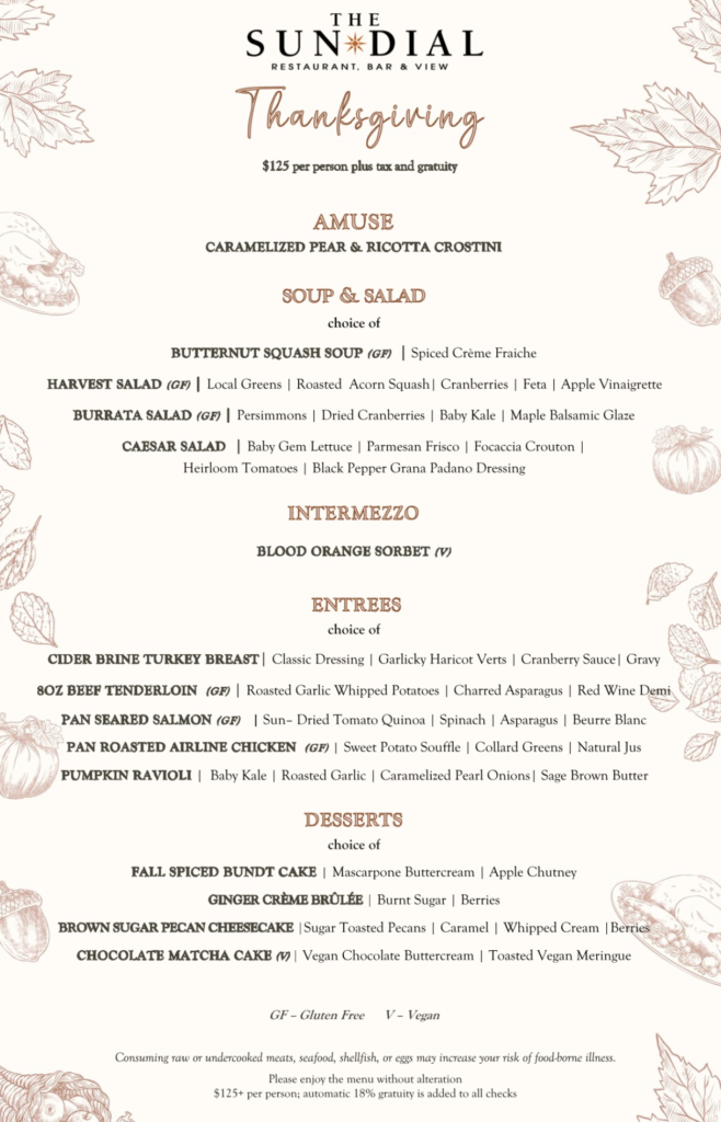Sun Dial Restaurant, Bar & View in Atlanta Thanksgiving menu.