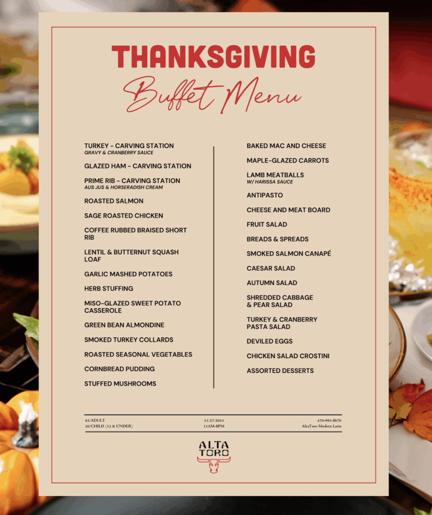 AltaToro Thanksgiving menu.