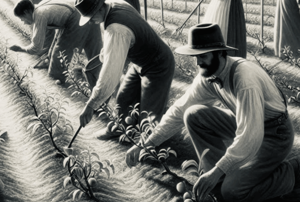 Georgia farmers planting peach trees.