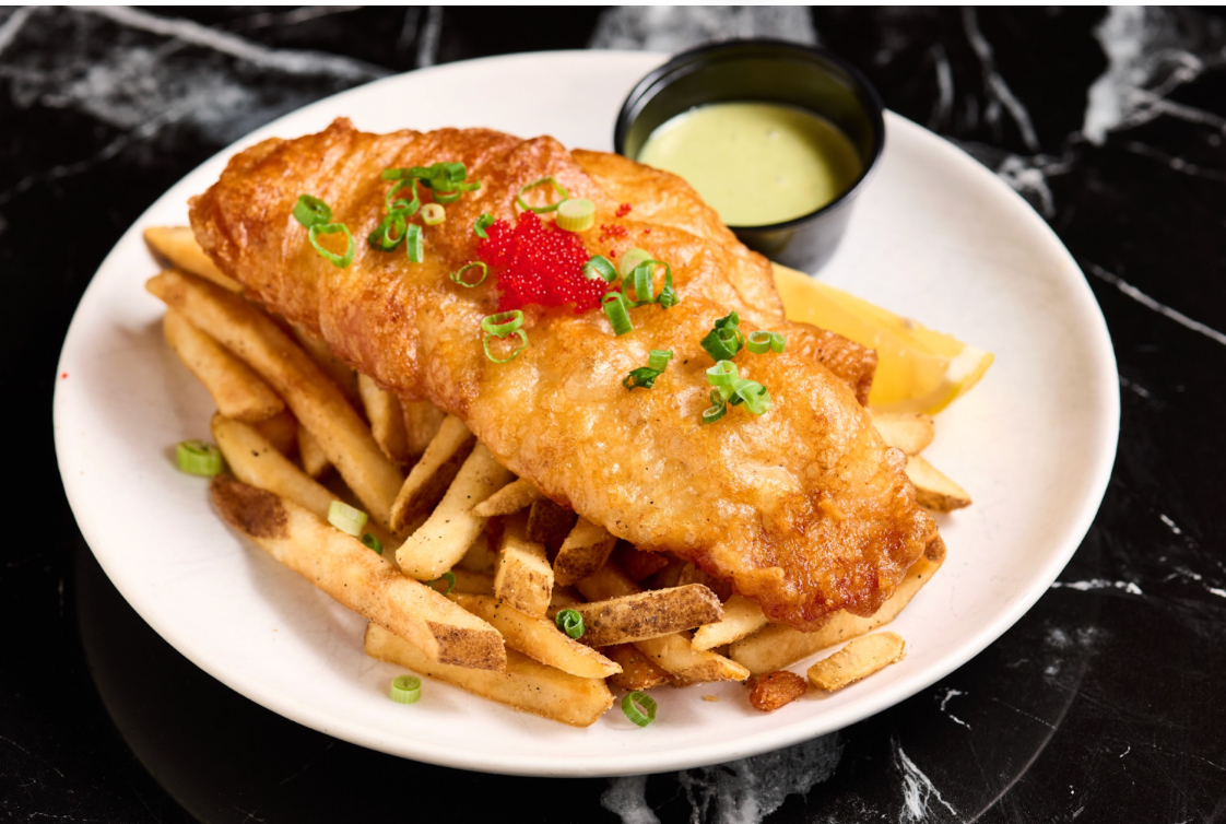Beer-Battered Grouper & Chips | crispy beer-battered grouper served with golden fries & house wasabi may
